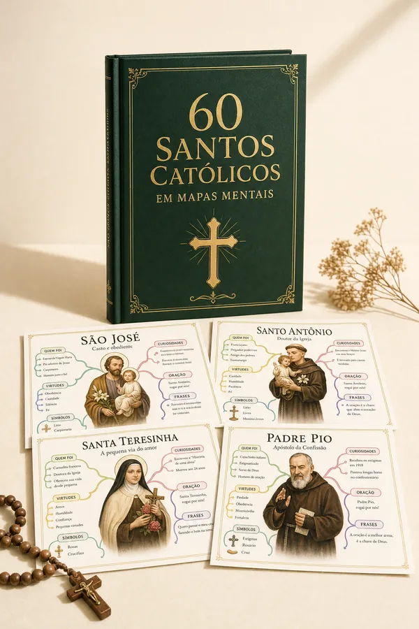 Coleção 60 Santos Católicos em Mapas Mentais — livro e mapas de exemplo