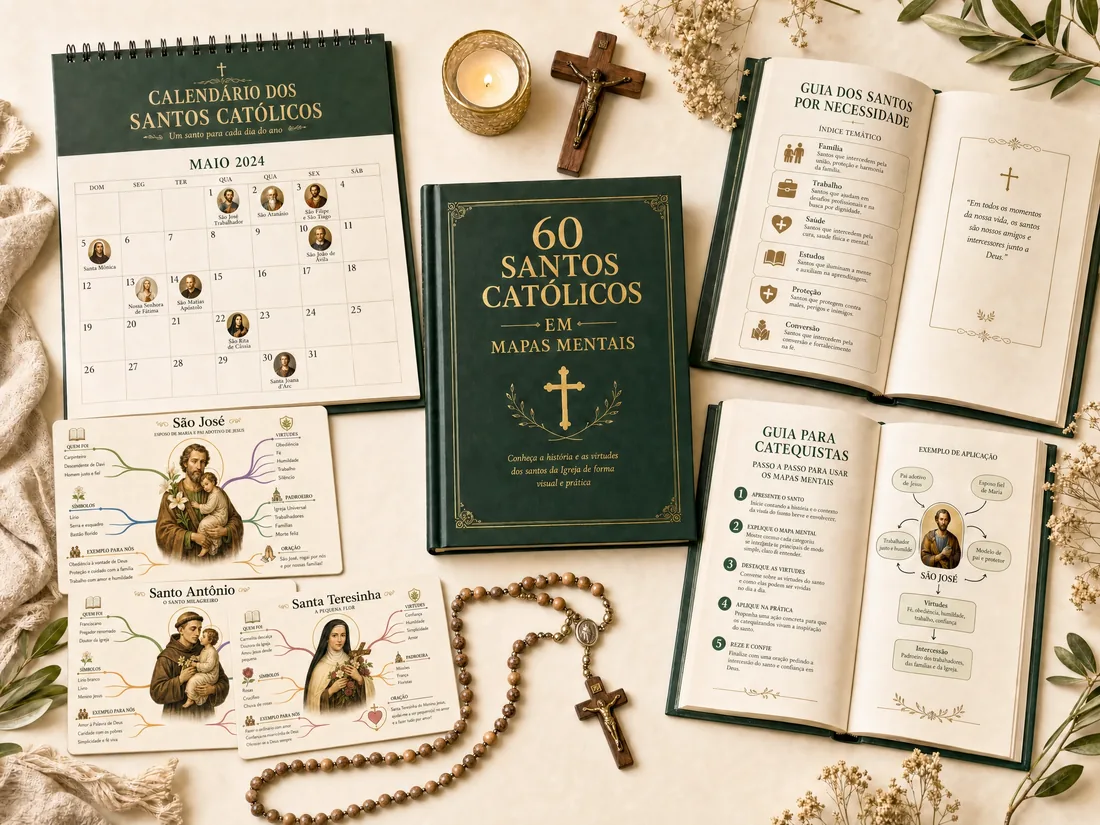 Coleção 60 Santos Católicos em Mapas Mentais: livro, calendário, guias e mapas dos santos